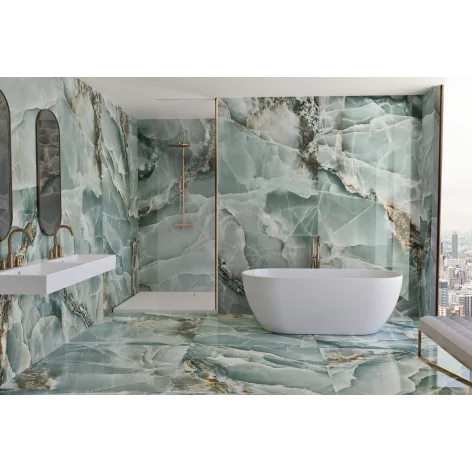 BALDOCER Onyx Turquoise Pulido Gres Rekt. Połysk 120x120 zielony kamień marmur