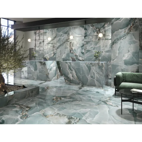 BALDOCER Onyx Turquoise Pulido Gres Rekt. Połysk 120x120 zielony kamień marmur