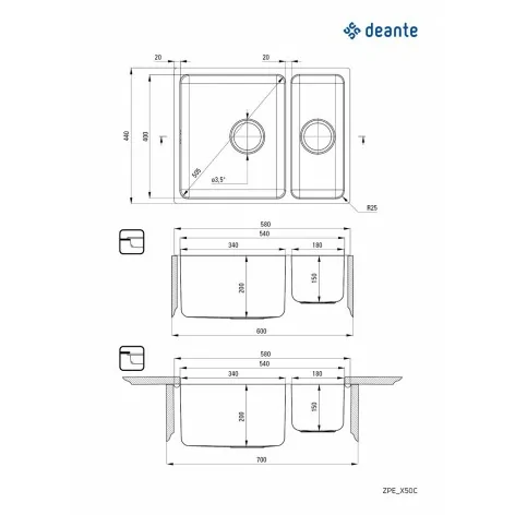 5908212048436 DEANTE Egeria Zlewozmywak Kuchenny Stalowy 1.5-komorowy Podwieszany Stal Szczotkowana ZPE_050C