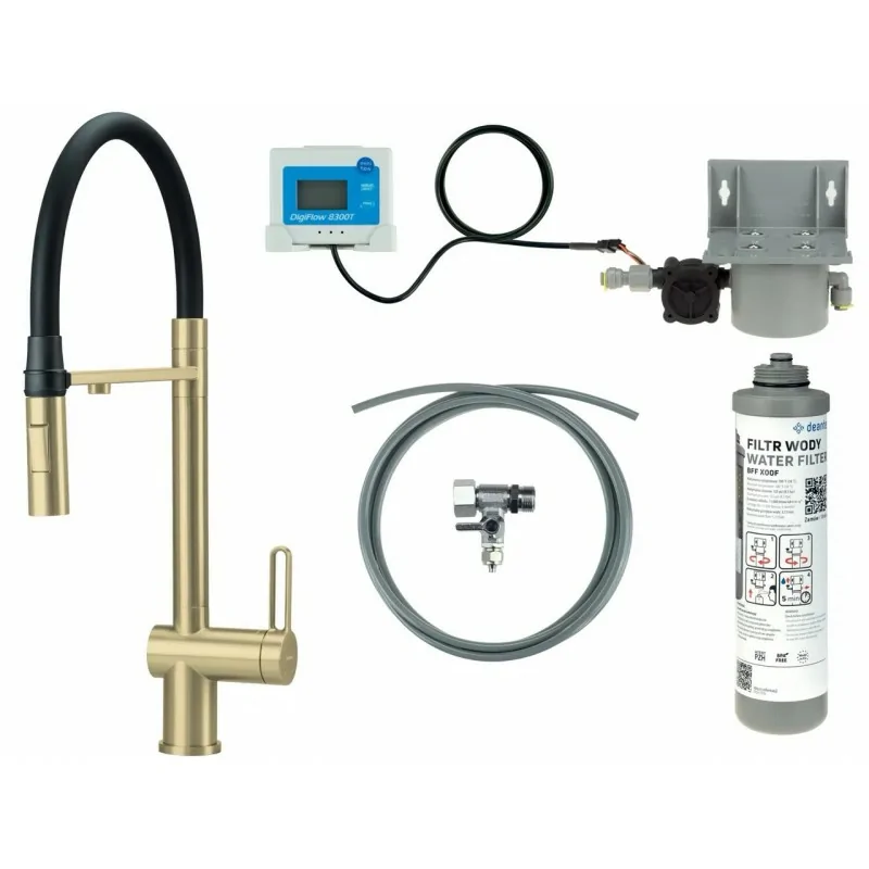 5907650895749 DEANTE Magnetic Bateria Kuchenna z Zestawem do Filtracji Wody z Elastyczną Wylewką Złoto Szczotkowane BRMFR75M