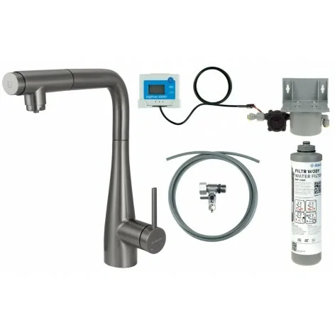 5907650895855 DEANTE Eridan Bateria Kuchenna z Zestawem do Filtracji Wody z Wyciąganą Wylewką - Titanium - BREFD75M
