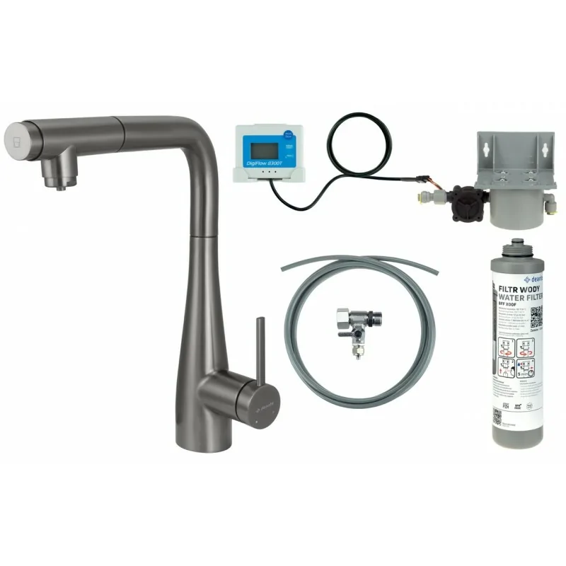 5907650895855 DEANTE Eridan Bateria Kuchenna z Zestawem do Filtracji Wody z Wyciąganą Wylewką - Titanium - BREFD75M
