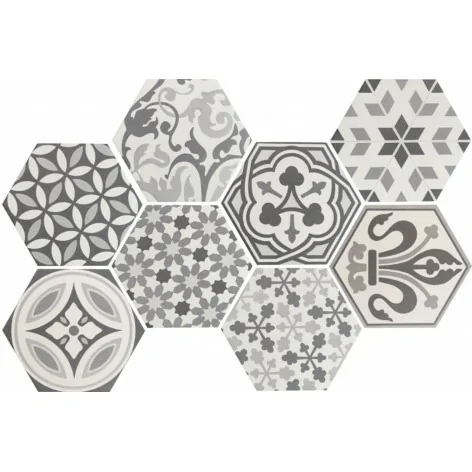 8435404933203 EQUIPE Hexatile Harmony B&W EQ 21357 Płytka Gresowa Mat. 17,5x20 Hiszpańskie kafelki patchwork podłogowe