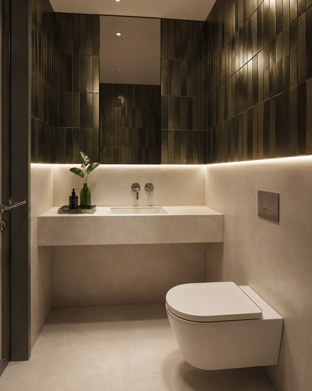 Małe WC z zielonymi płytkami cegiełkami retro GROOVE Ceramika Tubądzin