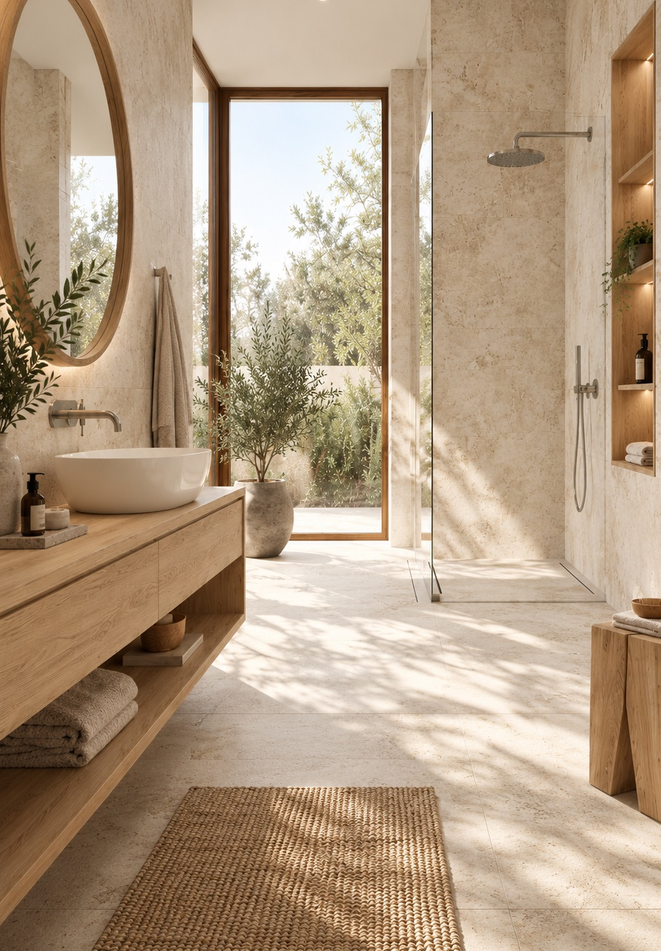 Jasna łazienka Pure Living z beżowymi płytkami BRECCIA FARA Ceramika Tubądzin i naturalnym drewnem