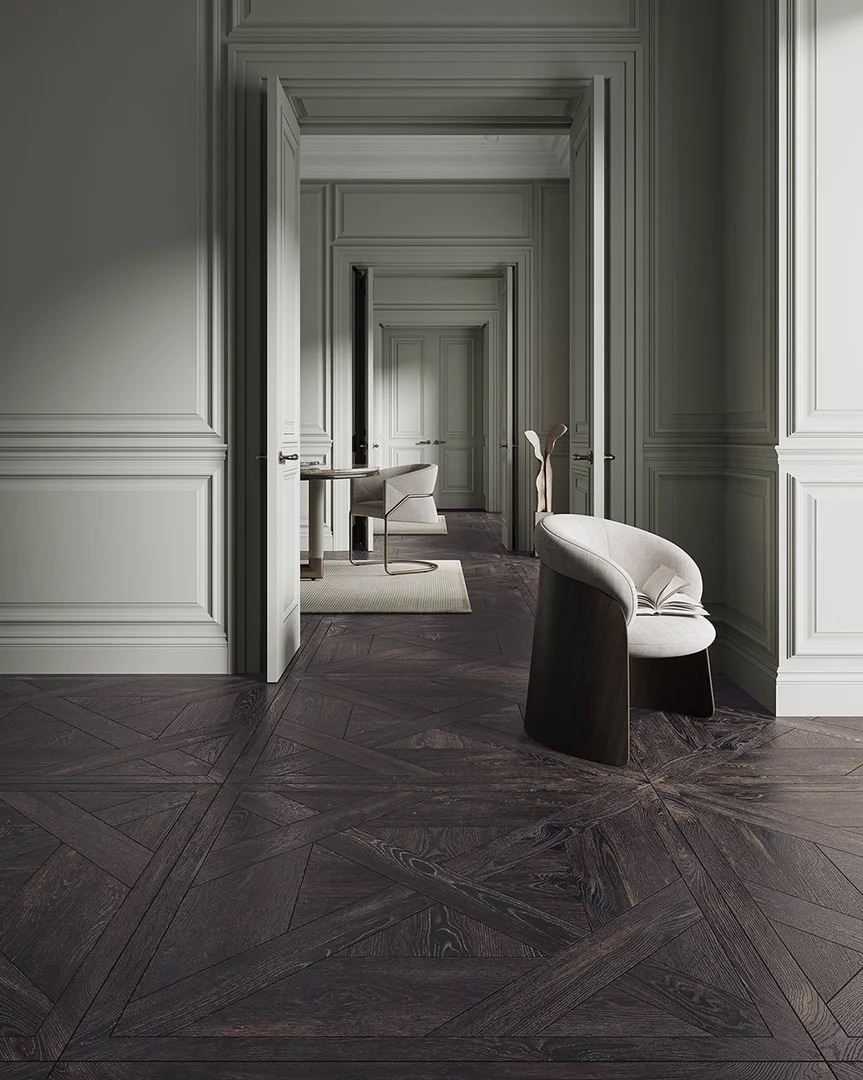 Ciemny gres kasetonowy WOODCORE BLACK MIX Ceramika Paradyż w eleganckim salonie
