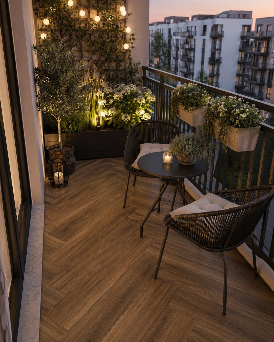 Mały balkon w bloku z gresem drewnopodobnym Prettywood Ceramika Paradyż i przytulną strefą relaksu