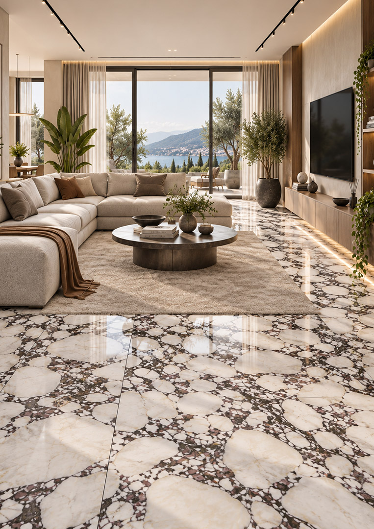 Salon z gresem Velvet Symphony Ceramika Paradyż inspirowanym marmurem Breccia Vagli