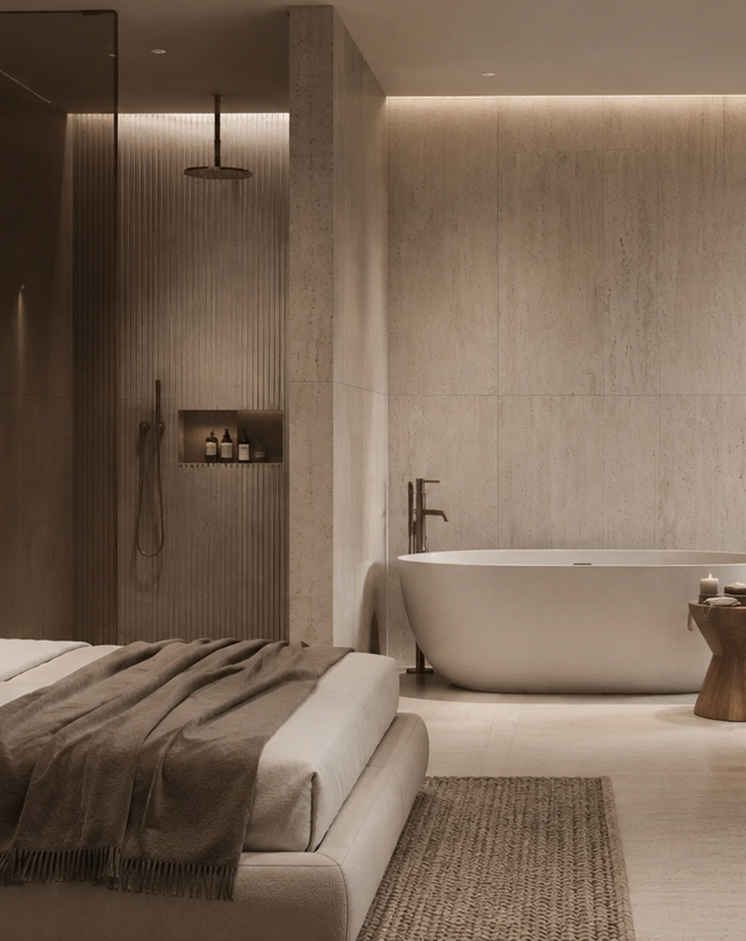Sypialnia z łazienką w stylu Modern SPA z płytkami ECHO TIVOLI Ceramika Tubądzin
