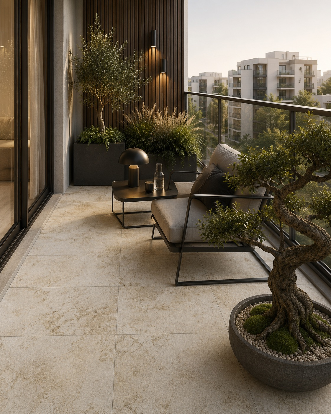 Mały balkon z płytkami kamieniopodobnymi Breccia Fara Beige Ceramika Tubądzin i naturalną aranżacją