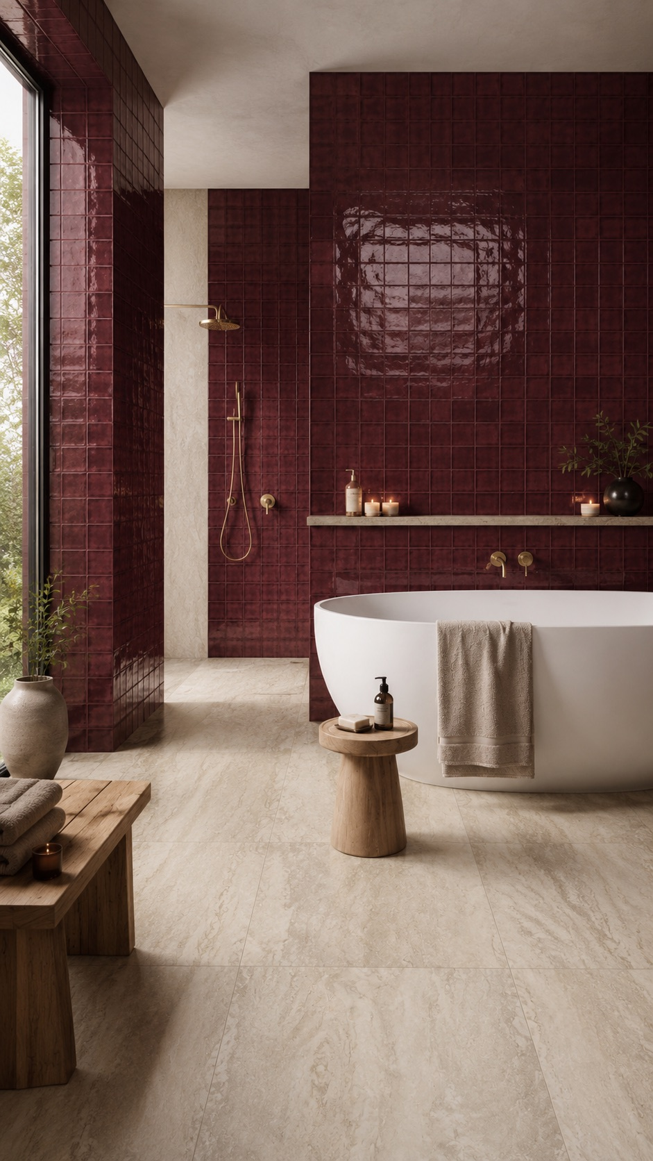 Bordowa łazienka z płytkami Deco Amaris Plus Burdeos i jasnym gresem Infinity Ceramika Paradyż