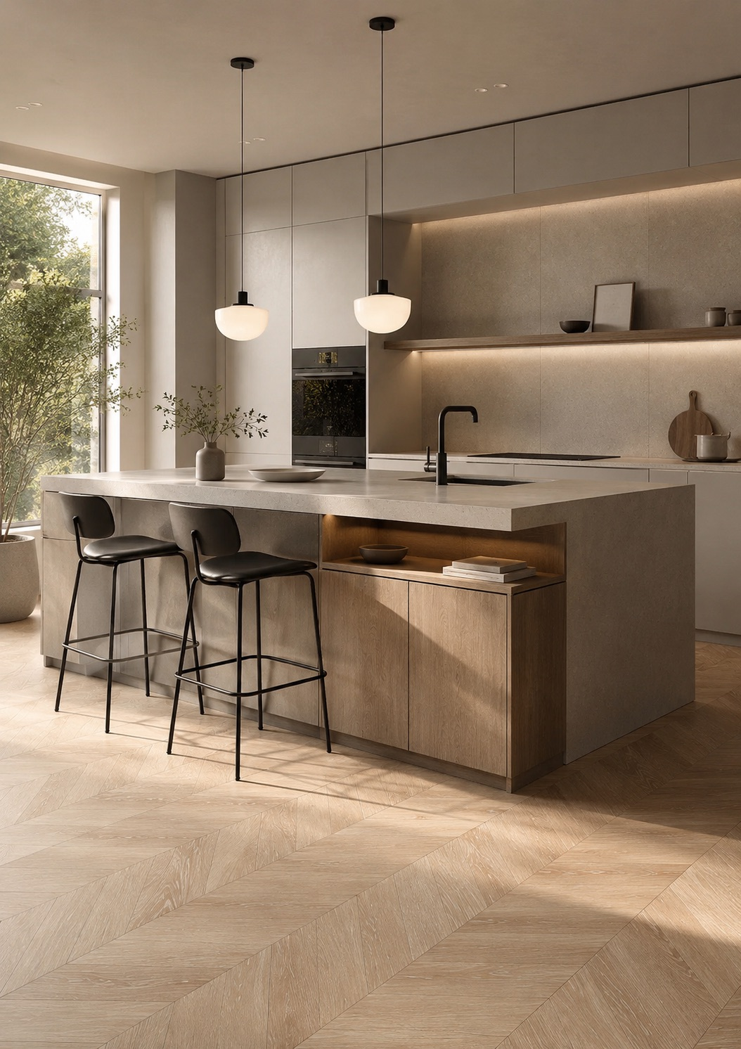 Nowoczesna kuchnia z wyspą i drewnopodobnymi płytkami chevron SLANT WOOD Ceramika Tubądzin