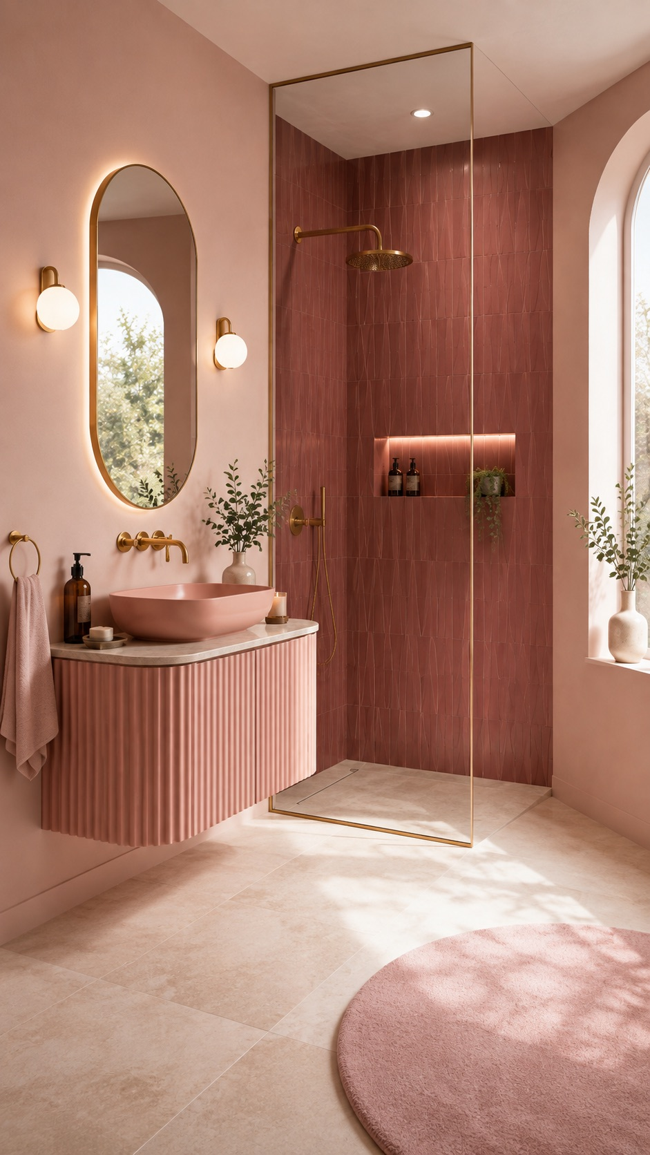 Bordowo-różowa łazienka z płytkami Bamboo Granada Equipe i Cielo E Terra Polvere Tubądzin