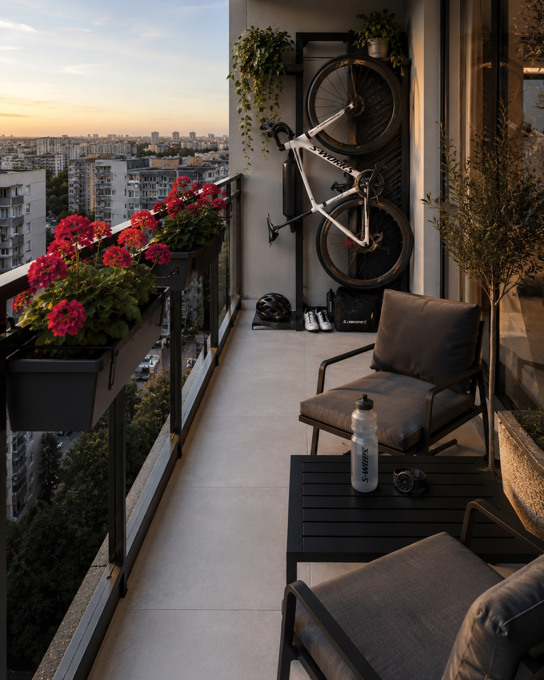 Nowoczesny mały balkon w bloku z szarymi płytkami gresowymi betonowymi Ennis Ceramika Paradyż