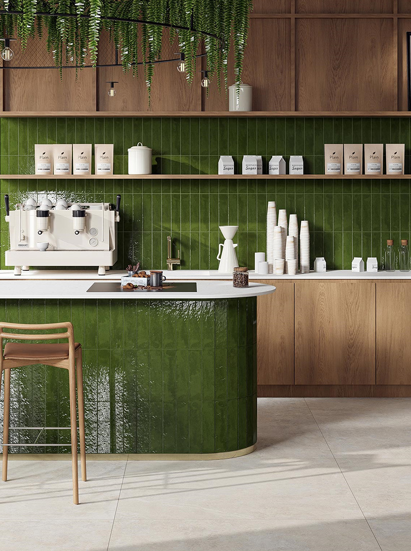 Zielone płytki cegiełki klinkierowe Palette Green Cerrad w aranżacji nowoczesnej kuchni